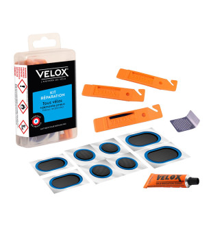 NECESSAIRE REPARATION VELOX TOUS VELOS 8 PIECES RENFORCEES + DISSOLUTION 5ML + 1 RAPE + 3