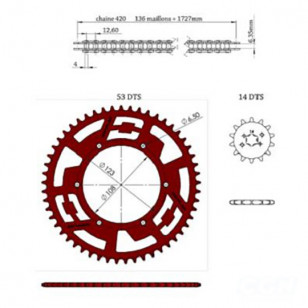 KIT CHAINE DOPPLER ALU ADAPT. DERBI SENDA / DRD / EVO / GPR NUDE / RACING / RS4 / SMT 14X53 D108 ROUGE Kits chaînes sur le si...