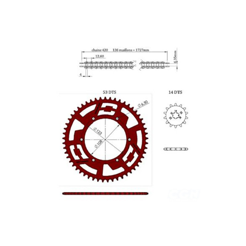 KIT CHAINE DOPPLER ALU ADAPT. DERBI SENDA / DRD / EVO / GPR NUDE / RACING / RS4 / SMT 14X53 D108 ROUGE Kits chaînes sur le si...