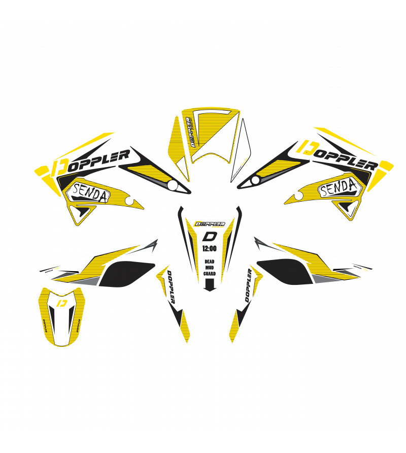 KIT DECO / AUTOCOLLANT DOPPLER ADAPT. DERBI SENDA 2011-2018 / RCR / SMT →2018 BLANC / NOIR / JAUNE Autocollants / Kits déco s...
