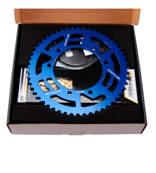 KIT CHAINE DOPPLER ALU ADAPT. DERBI/SENDA 00-/GILERA SMT/RCR/RX/SX 420  (14X53) D105 BLEU