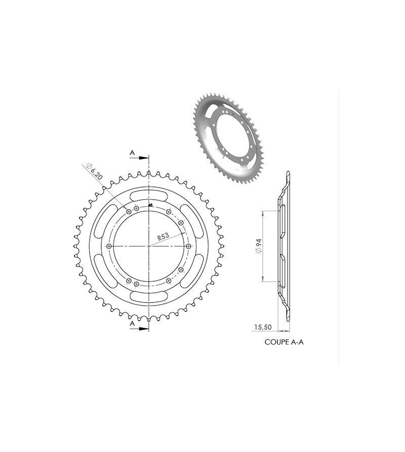 COURONNE CYCLO 20 ADAPT. 103 BTS TOLE  50DTS (D94) 10 TROUS