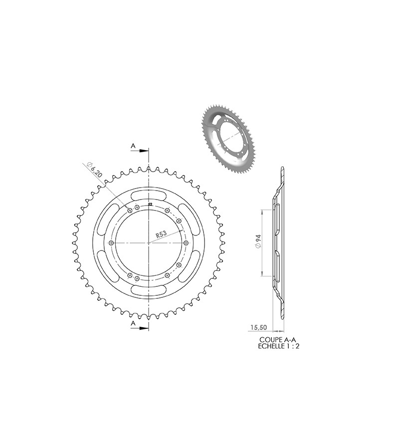 COURONNE CYCLO 20 ADAPT. 103 BTS TOLE  52DTS (D94) 10 TROUS