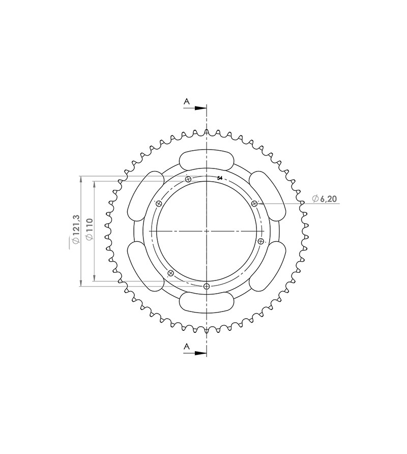 COURONNE CYCLO 28 ADAPT. MBK 68/88/89 54DTS (D110) 6 TROUS