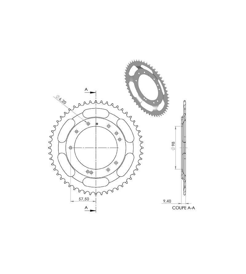 COURONNE CYCLO 25 ADAPT. MBK 51S GRIMECA 52DTS (D98)  10 TROUS