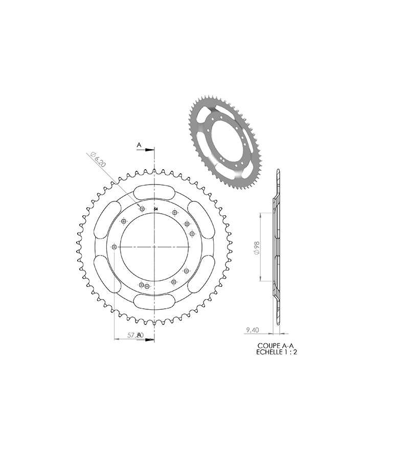 COURONNE CYCLO 25 ADAPT. MBK 51S GRIMECA 54DTS (D98)  10 TROUS