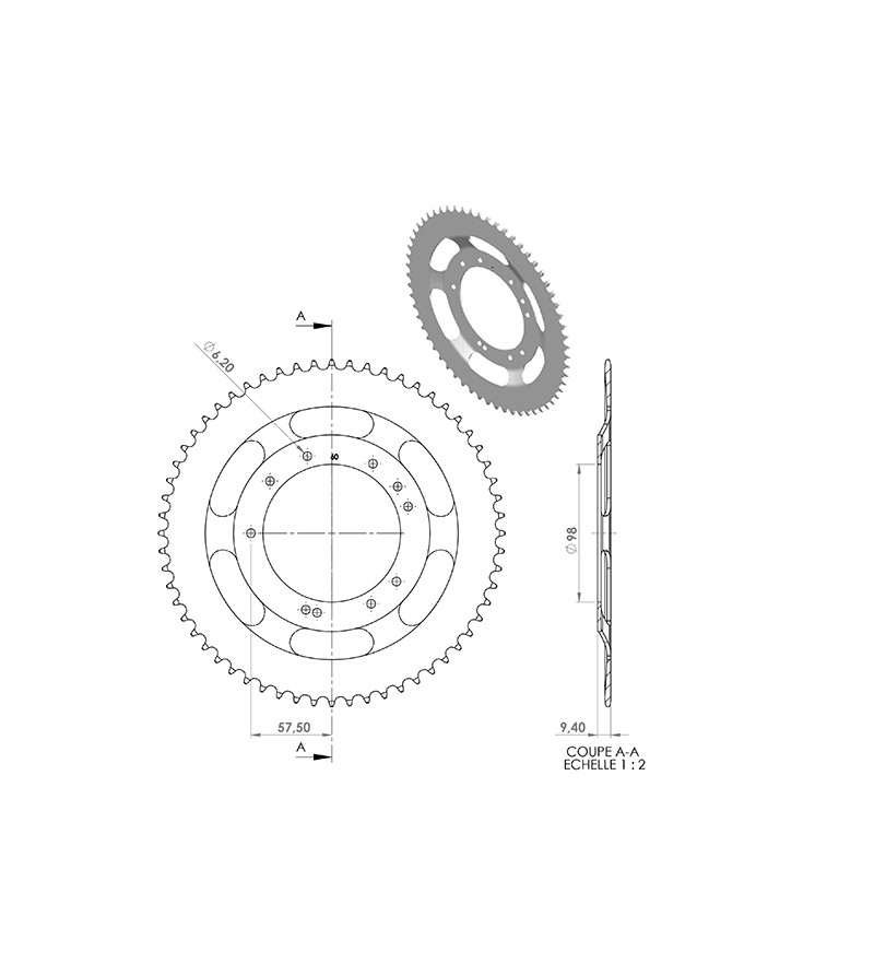 COURONNE CYCLO 25 ADAPT. MBK 51S GRIMECA 60DTS (D98)  10 TROUS