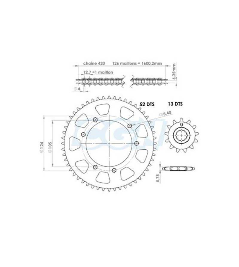 KIT CHAINE TEKNIX ADAPT. XP6 S/T 2002-  420  (13X52) D105 / FIX 3X2