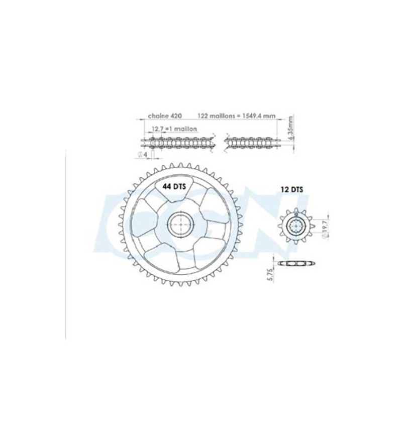 KIT CHAINE AFAM ADAPT. RS50 95-98 12X44 (DEMULT.ORIGINE) D30/FIX.CANNELEE INCURVEE