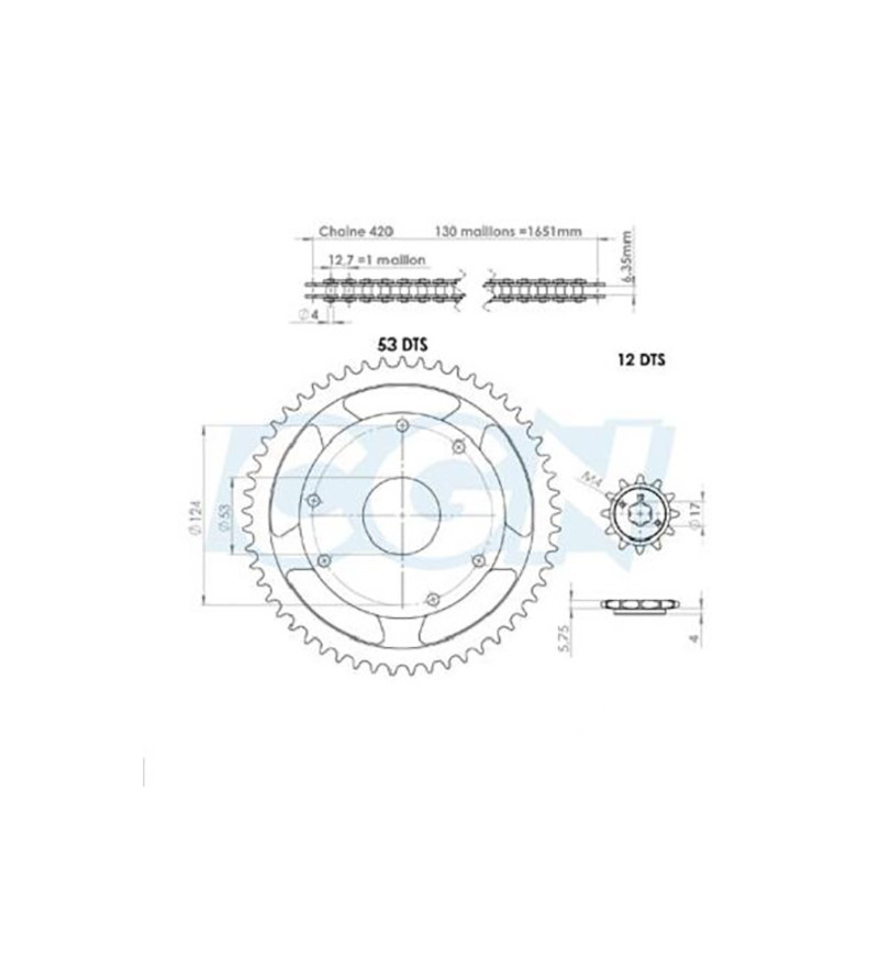 KIT CHAINE AFAM ADAPT. DERBI SENDA 97-99 420 12X53 D53/FIX3X2 INCURVEE