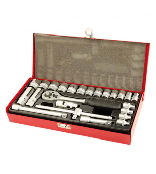 OUTIL COFFRET DE DOUILLES CHROME/VANADIUM 3/8 6 PANS DE 6MM  A 22 MM (24 PIECES)