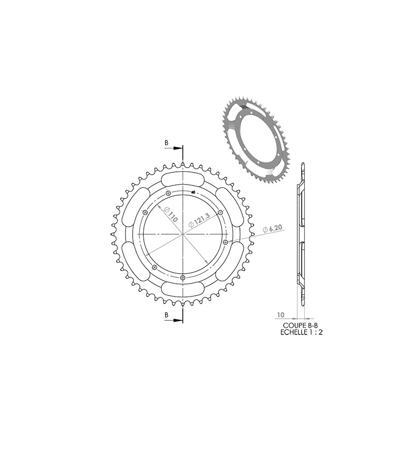 COURONNE CYCLO 28 ADAPT. MBK 68/88/89 48DTS (D110) 6 TROUS