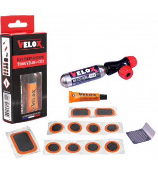 NECESSAIRE REP/RUSTINE VELOX ROUTE/VTT 11 PIECES + DISSOLUTION + 1 RAPE + CO2 REGULATEUR P