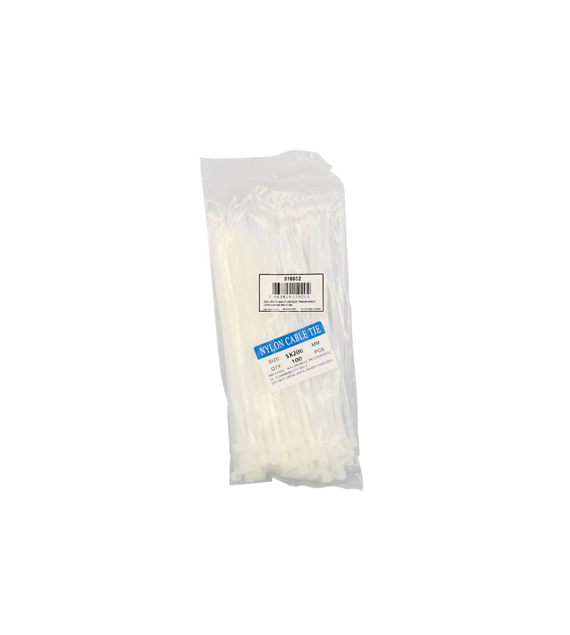 COLLIER RILSAN PLASTIQUE TRANSPARENT LONG 4,8X200 MM (X100)