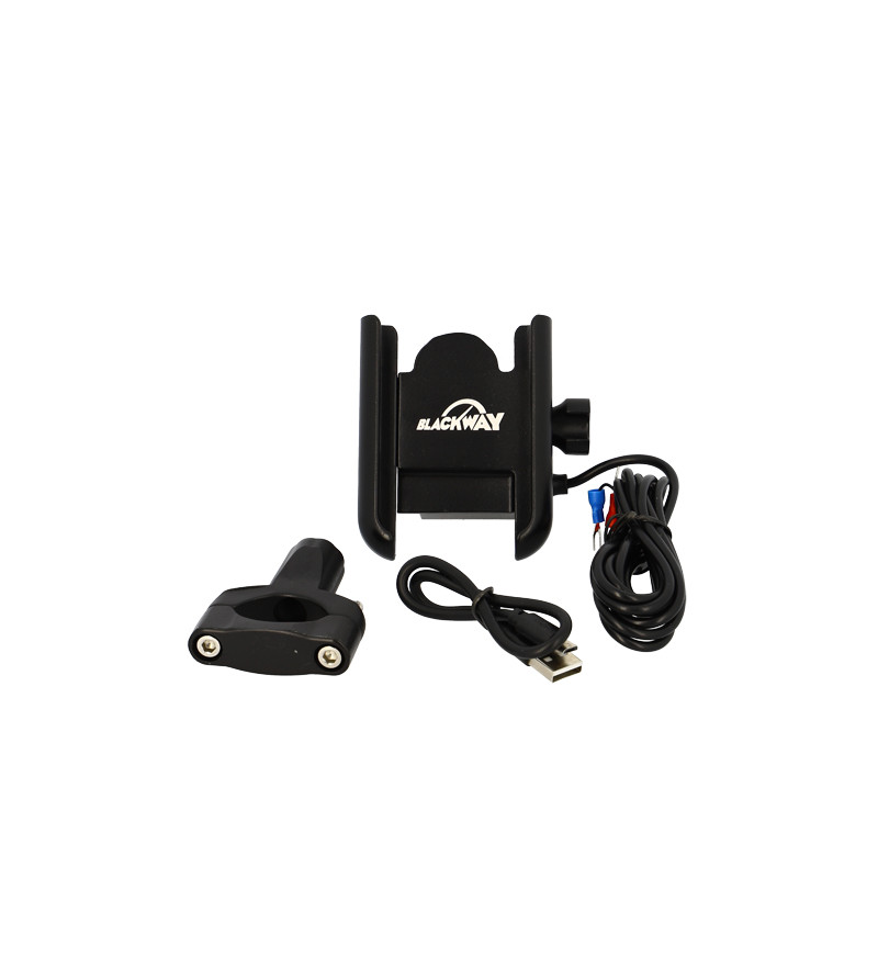 SUPPORT SMARTPHONE UNIVERSEL ALU NOIR BLACKWAY FIXATION GUIDON/CHARGEUR INCLUS
