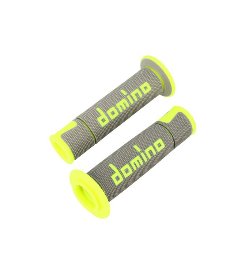 REVETEMENT/POIGNEE DOMINO A450 GRIS/JAUNE FLUO (PR) DEBOUCHE POUR EMBOUT GUIDON SCOOTER sur le site du spécialiste des deux r...