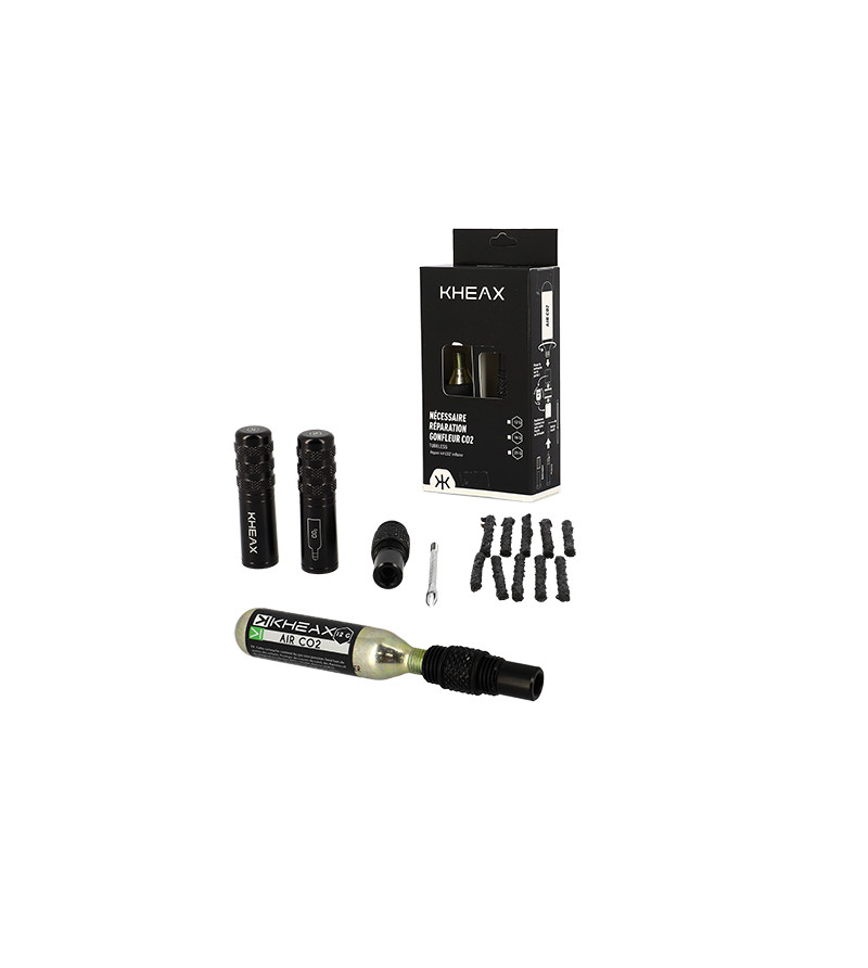 NECESSAIRE REPARATION VTT TUBELESS KHEAX ALU NOIR AVEC EMBOUT CO2 + CARTOUCHE CO2 12GR