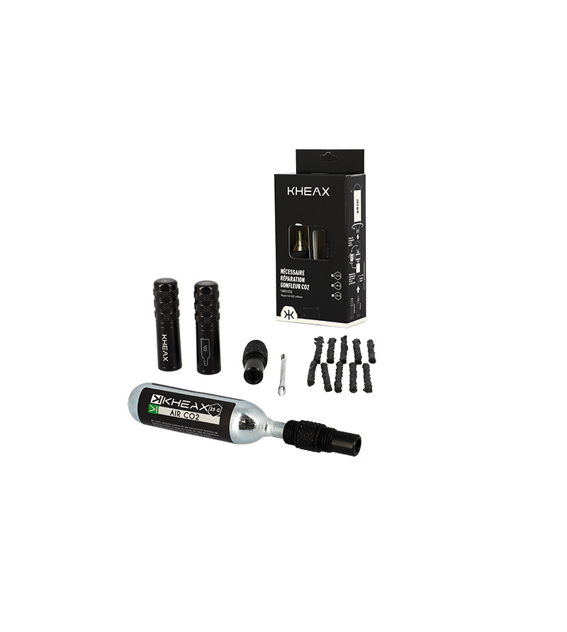 NECESSAIRE REPARATION VTT TUBELESS KHEAX ALU NOIR AVEC EMBOUT CO2 + CARTOUCHE CO2 25GR