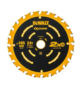 LAME DE SCIE CIRCULAIRE SANS FIL CARBURE ELITE DEWALT, 165X20MM, 24 DENTS, ATB/TRONÇONNAGE