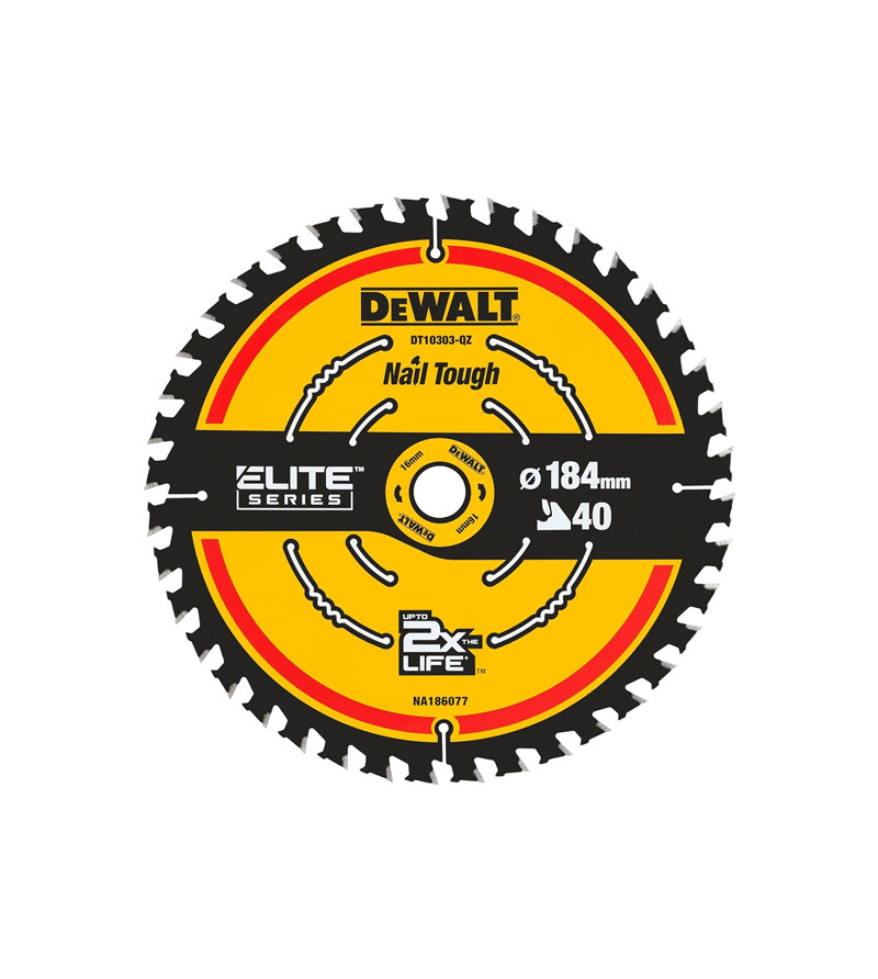 LAME DE SCIE CIRCULAIRE SANS FIL CARBURE ELITE DEWALT, 184X16MM, 40 DENTS, ATB/TRONÇONNAGE
