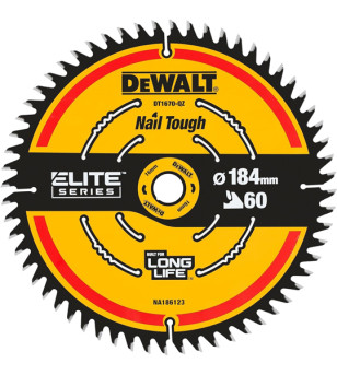 LAME DE SCIE CIRCULAIRE SANS FIL CARBURE ELITE DEWALT, 184X16MM, 60 DENTS, ATB/TRONÇONNAGE