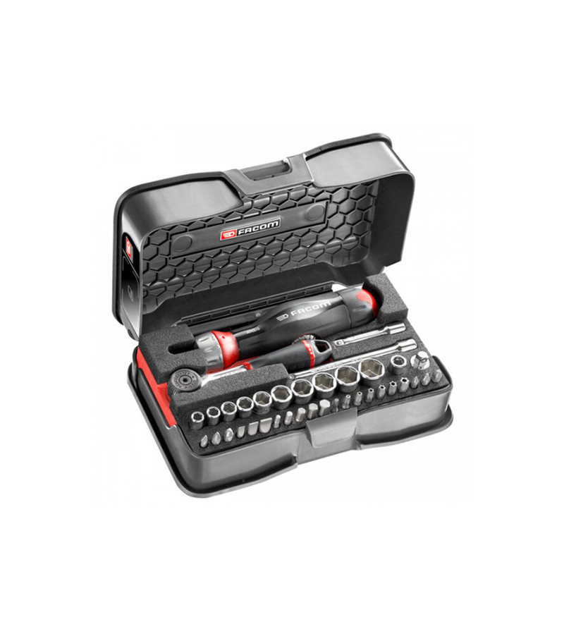 COFFRET DE DOUILLES ET EMBOUTS 1/4MIXTES AVEC POIGNÉE DOUBLE CLIQUETFACOM