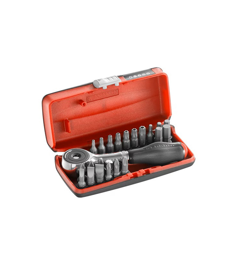 COFFRET PORTE EMBOUT À CLIQUET MANCHE ROTATIF + 22 EMBOUTS DE VISSAGEFACOM
